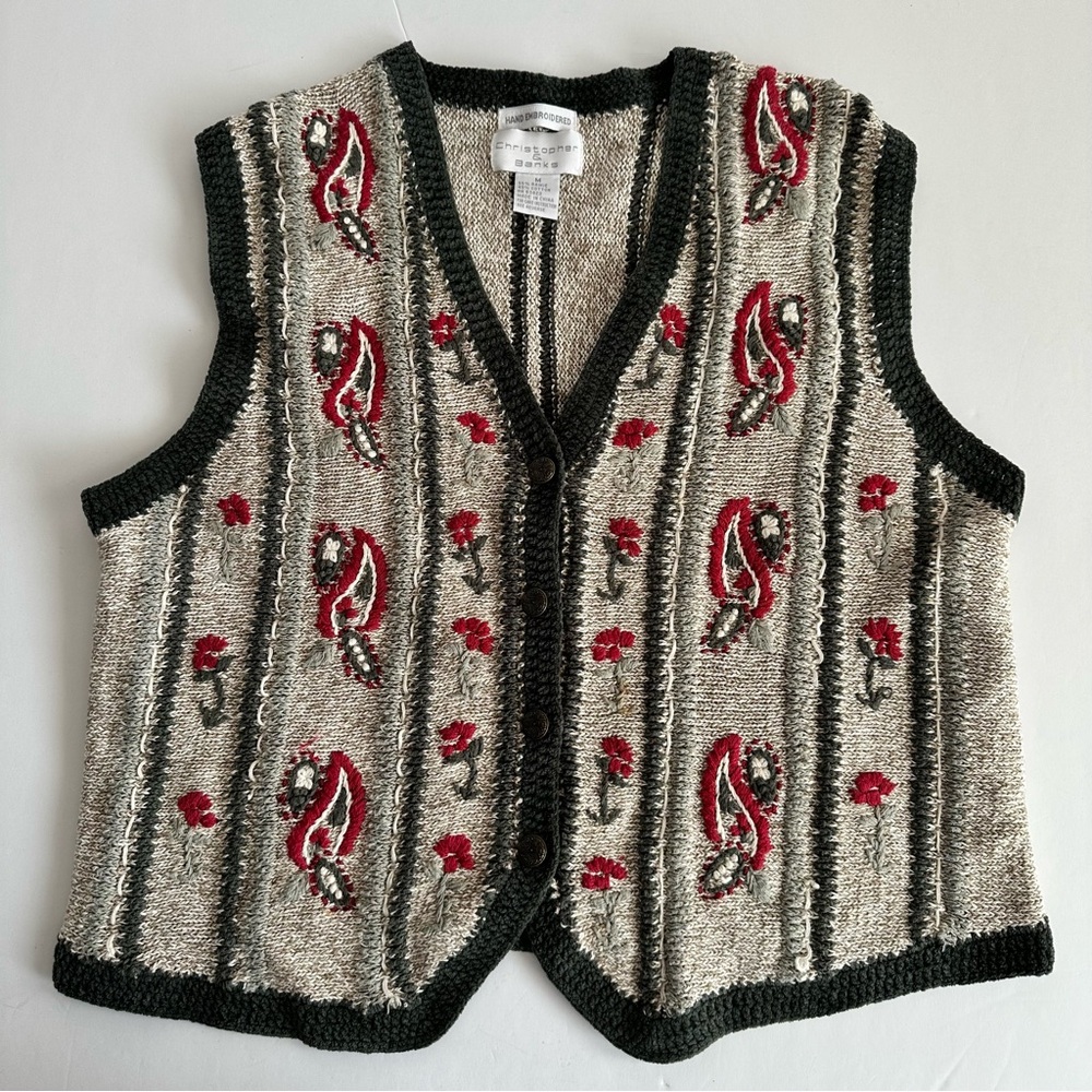 Vintage Christopher & Banks‎ Embroidered Knit Vest Medium Floral Paisley Boho